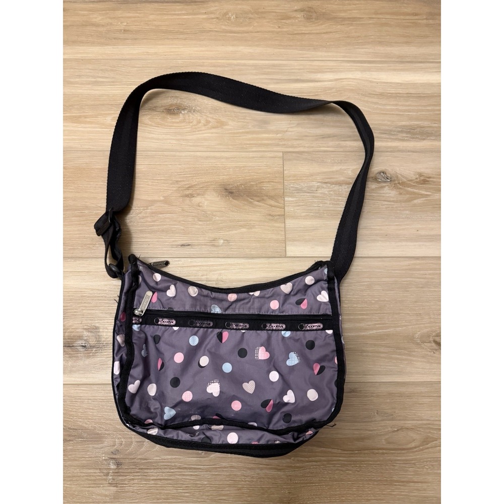 LeSportsac AOP Polka Dots Hearts Black Shoulder Crossbody Bag Adjustable Strap